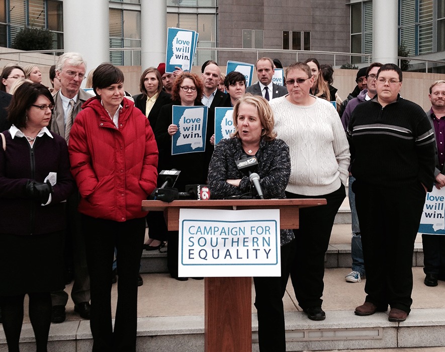 (Lead Attorney Roberta Kaplan speaks at a press conference following oral arguments before the 5th Circuit in the appeal of the Mississippi marriage equality case.)